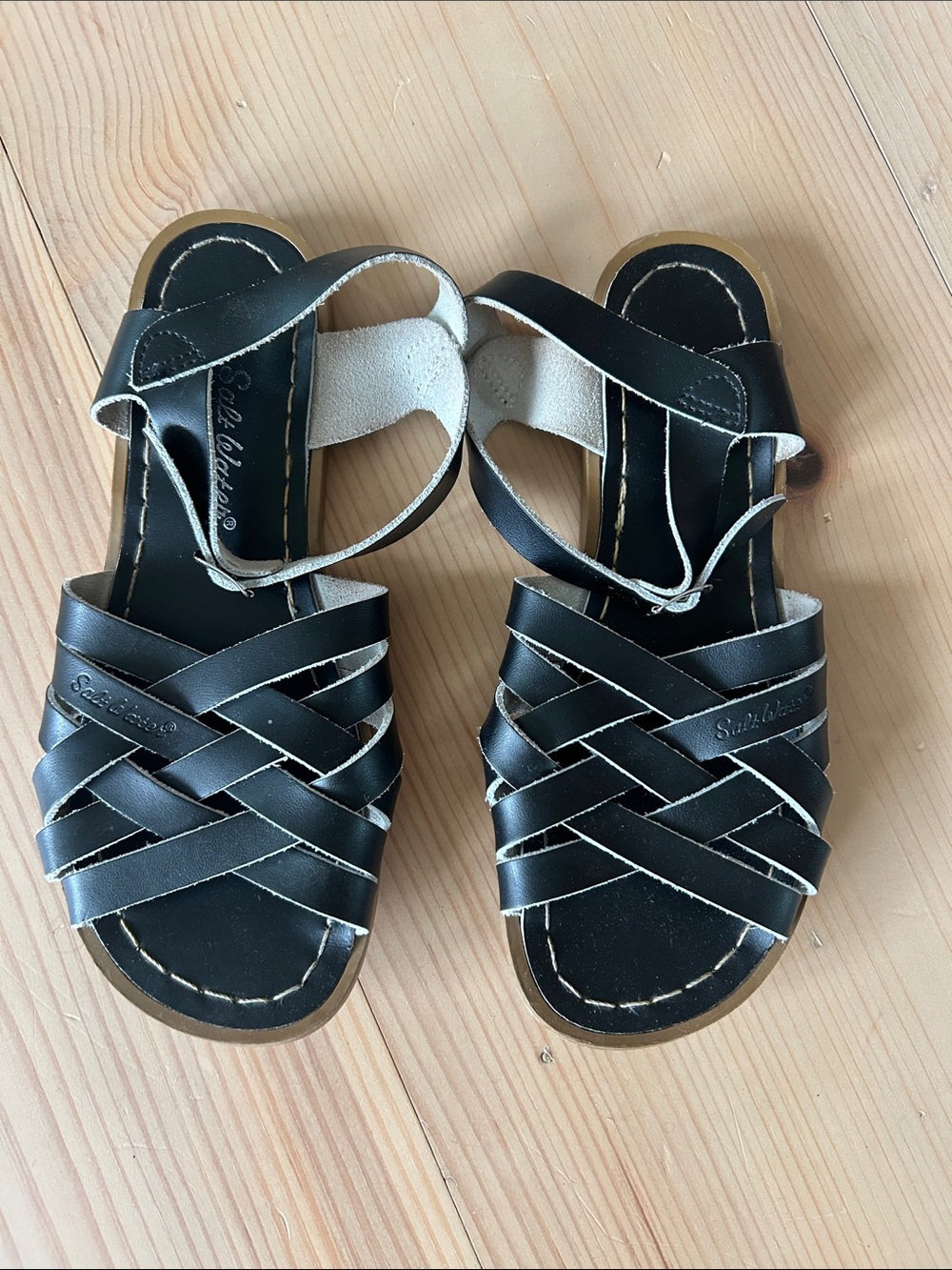 Salt Water Black Woven Leather Buckle Ankle-Strap Sandals